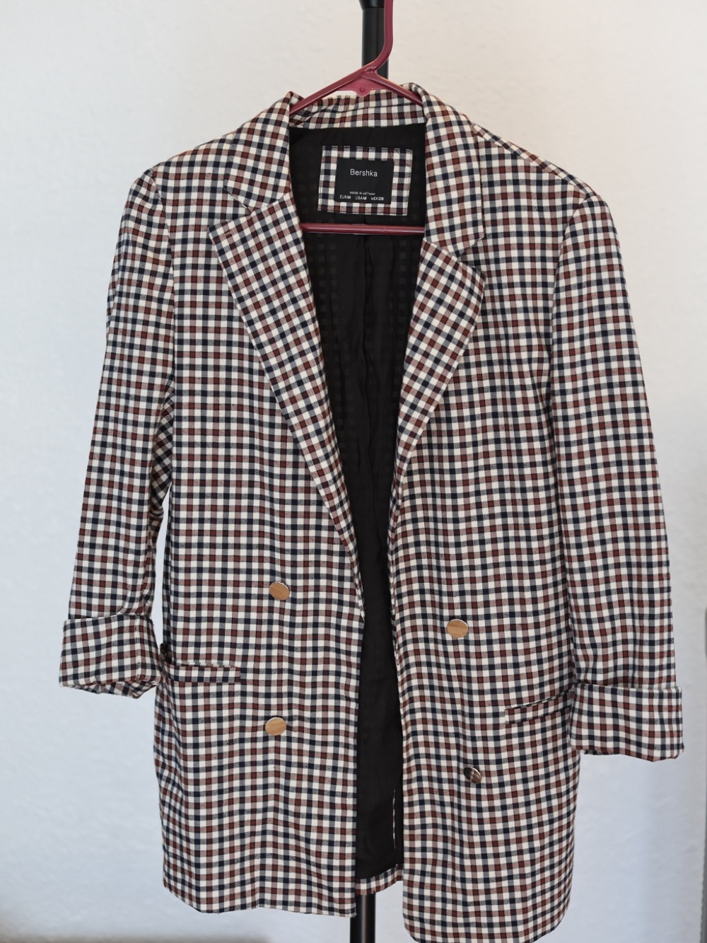 Bershka Brown, Black & White Gingham Double-Breasted Blazer